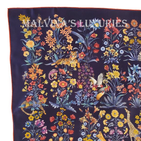 SALVATORE FERRAGAMO SCARF SIGNATURE FLOWER JUNGLE ANIMALS PRINT SILK 35" - Picture 11 of 13